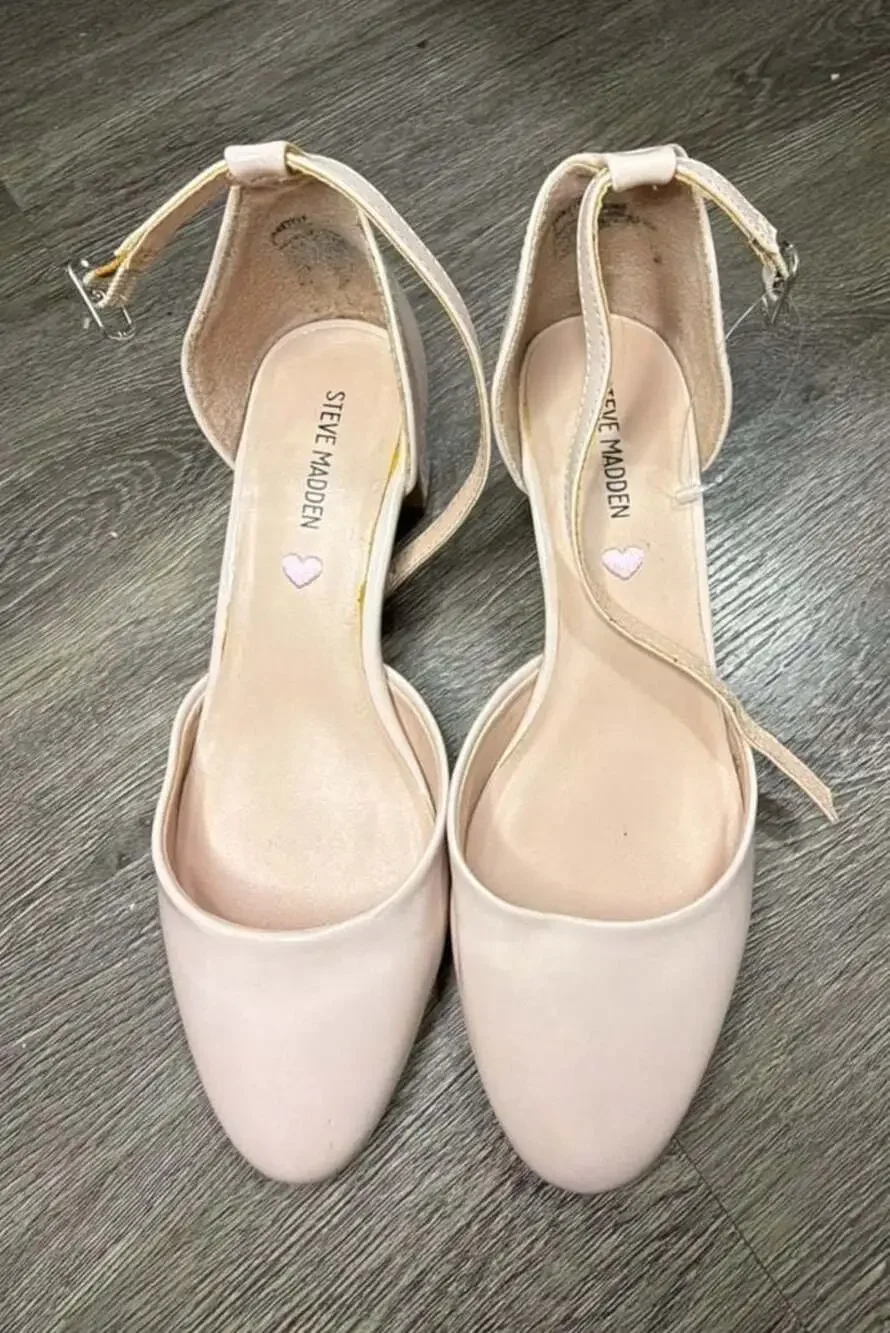 Steve Madden PRETTYY Blush Patent Ankle Strap Block Heel Pumps Womens 7